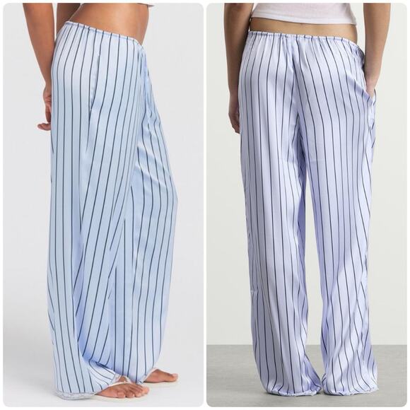 SKIMS Pants - SKIMS Woven Shine Sleep Lace Pants Blue Pinstripe Satin Lounge Pajama Bottoms XS